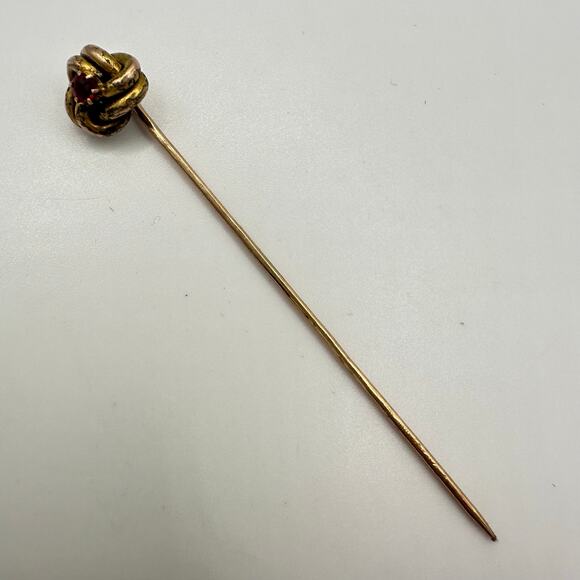 Antique Victorian solid 12kt rose yellow gold red paste knotted stick pin brooch - Picture 1 of 10